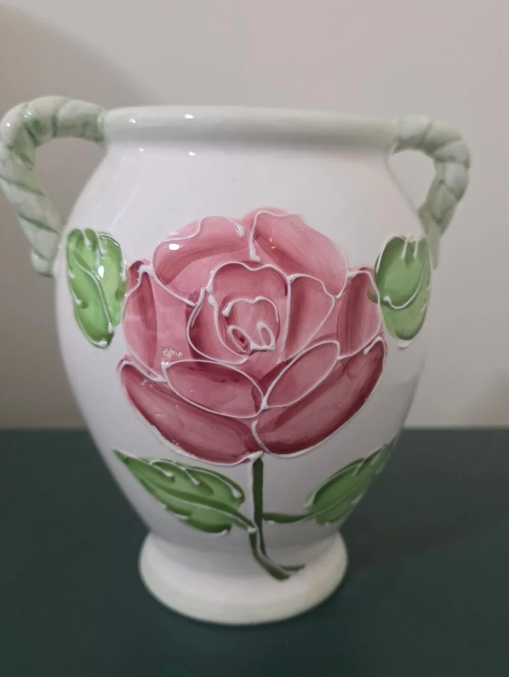 Handpainted Ceramic Vase Embossed Rose Design Twisted Handles Coquette Cottage